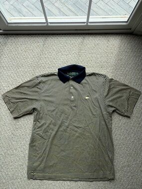 Amen Corner Masters Golf Polo. Navy Blue yellow striped. Size Medium. 100% Pima.